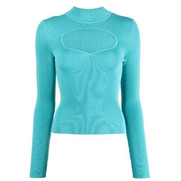 STAUD 90s Turquoise Rib Knit Mockneck Heart Cutout Long Sleeve Slim Fit Top XS - Picture 12 of 12